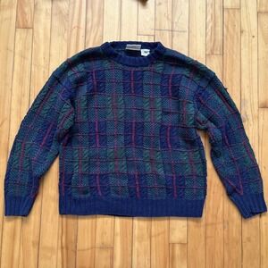 VTG Northern Reflections Plaid Knit Sweater Men's Medium Blue Green Cable Knit